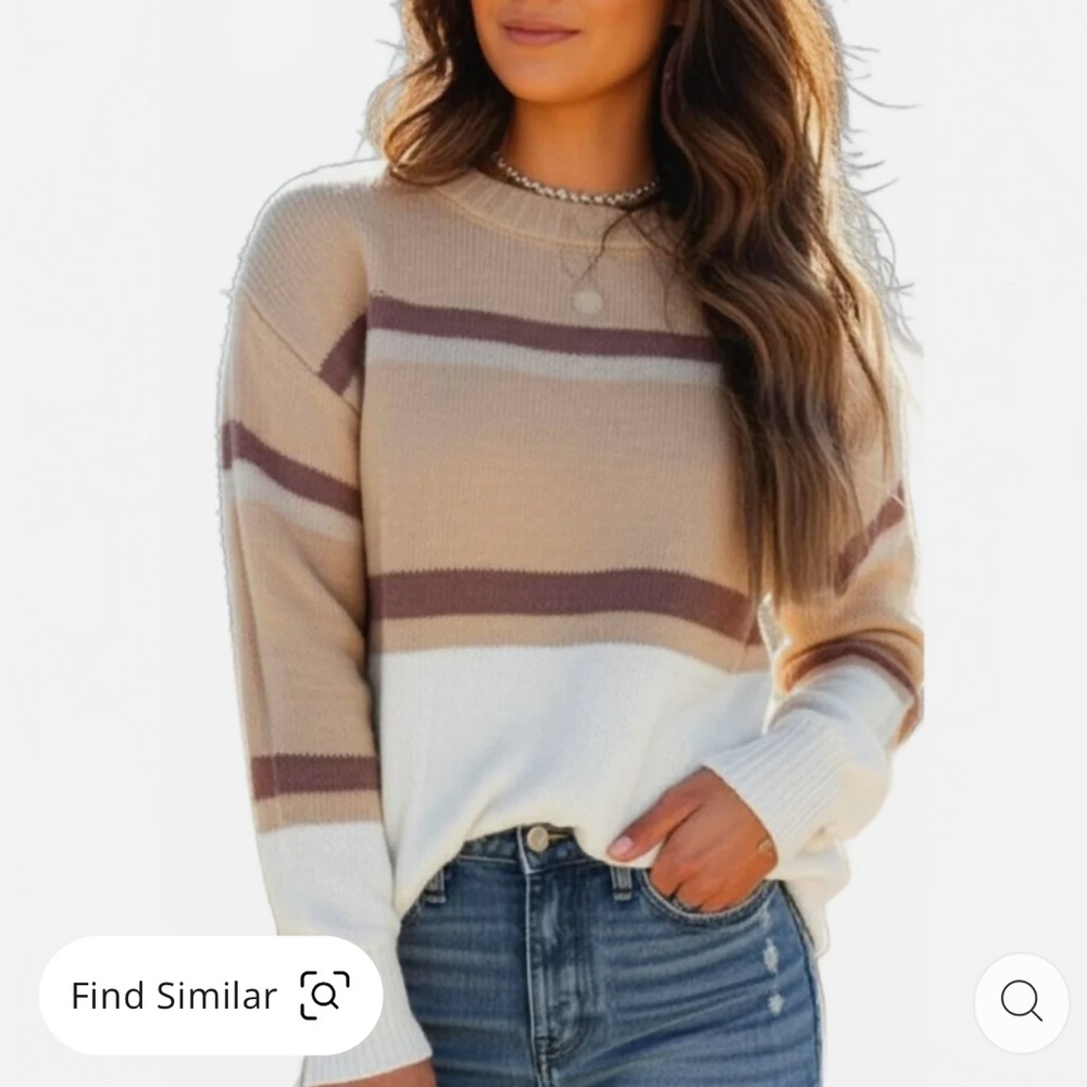 Love Ellie  Metallic Stripe Cream Tan Crewneck Sweater Women’s XL EUC